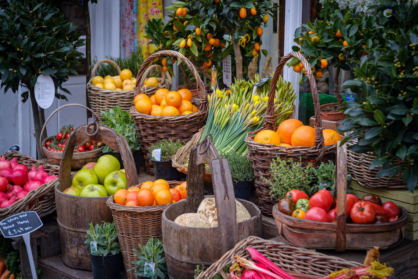 Frugt, Frugtkurve, Påskeliljer, Butik, Stand, Frugtstand, Grønthandler, Æbler, Appelsiner, Rabarber, Tomater, Grøntsager, Kurve