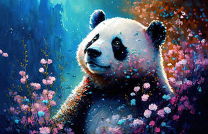 Pandabjørn omgivet af små blomster