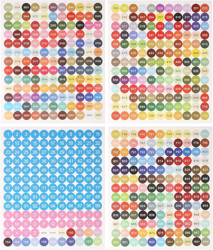 Runde stickers i arkmed farvekoder til diamond painting eller broderi.