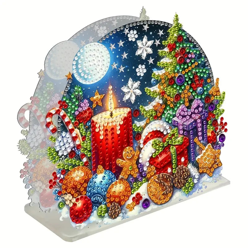 Servietholder med diamond paint af akryl med juletema: Lys, kugler, gaver og grantræ.