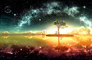 Smukt træ på ø med spejlreflektion