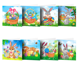 Diamond paint påskekort. Påskekort med 8 forskellige motiver bla.: Påskekurve med æg og påskeharer.
Kortene måler 30x15 ufoldet, men bliver kvadratiske (15x15 cm) ved sammenfoldning.