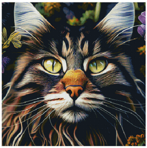 Diamond painting med AB-sten af en stribet kat med intense grønne øjne omgivet af blomster. Layout version.