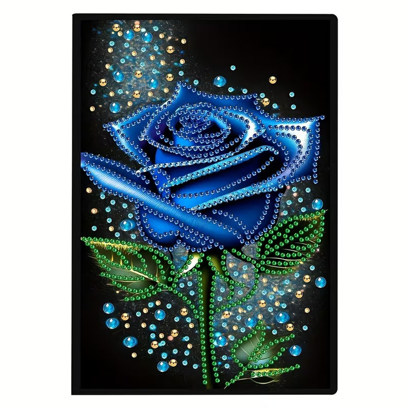 Sort lædernotesbog med diamond painting. Blå rose.
