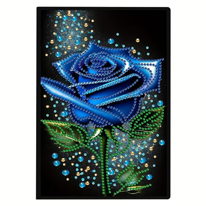 Sort lædernotesbog med diamond painting. Blå rose.