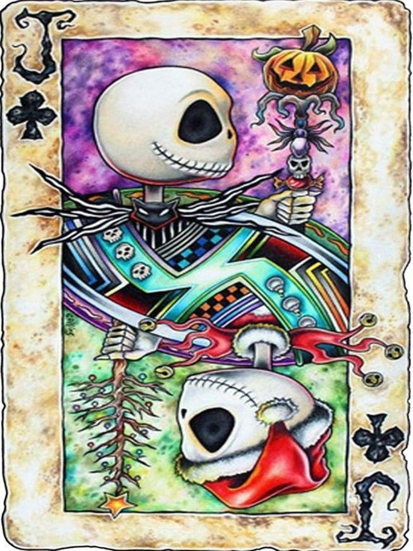 Diamond paint af et spillekort med et et skelet. Den ene side som halloweenpyntet. Den anden side som julepyntet.