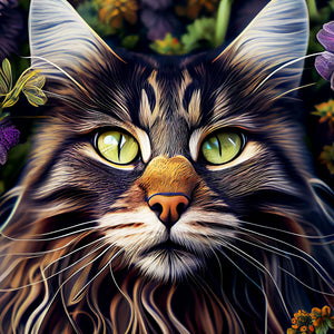 Diamond paint med AB-sten af en stribet kat med intense grønne øjne omgivet af blomster.