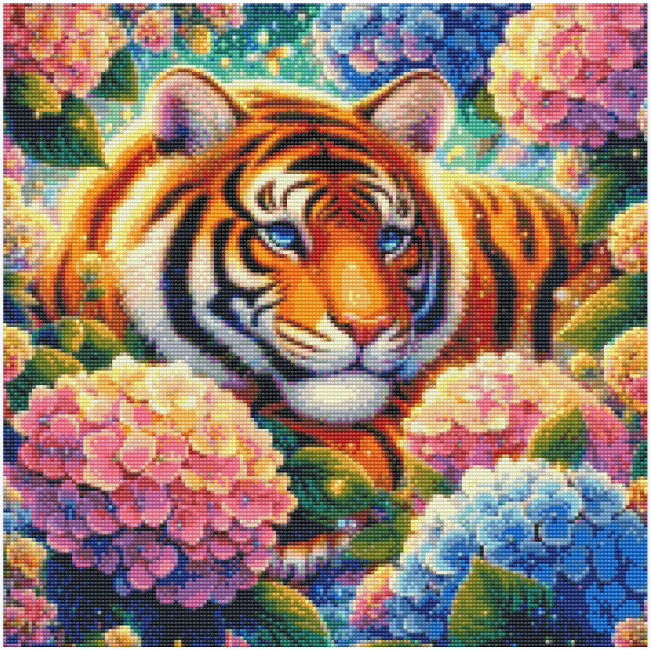 Diamond painting af en tiger liggende i et hortensiabed. Blå og lyserøde blomster. Layoutversion.