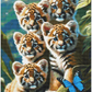 Diamond painting af fem tigerunger omgivet af jungle. Udkast med perler.