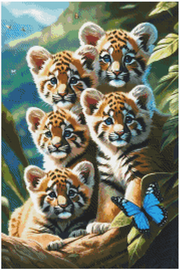 Diamond painting af fem tigerunger omgivet af jungle. Udkast med perler.