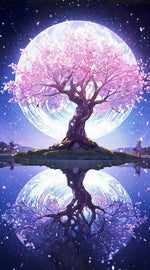 Diamond painting med AB-sten og Fairy Dust. Lyserødt træ med refleksion i månelys.