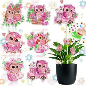 Dekorationspinde til potteplanter. Lyserøde ugler med diamond art. 6 stk.