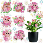 Dekorationspinde til potteplanter. Lyserøde ugler med diamond art. 6 stk.