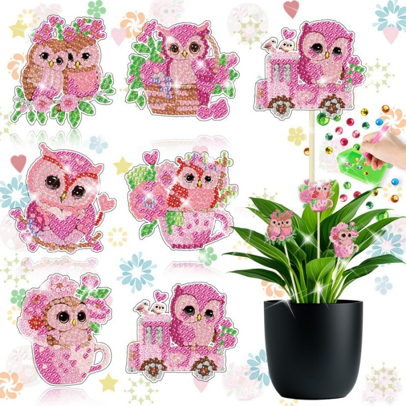 Dekorationspinde til potteplanter. Lyserøde ugler med diamond art. 6 stk.