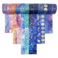 12 ruller washi tape med forskellige stjerner og planeter.
Blandede matte farver med guldtegn.