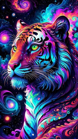 Tiger i turkis og lilla nuancer