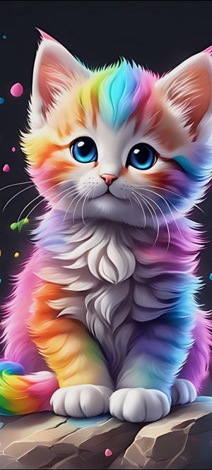 Regnbuefarvet kat med store øjne