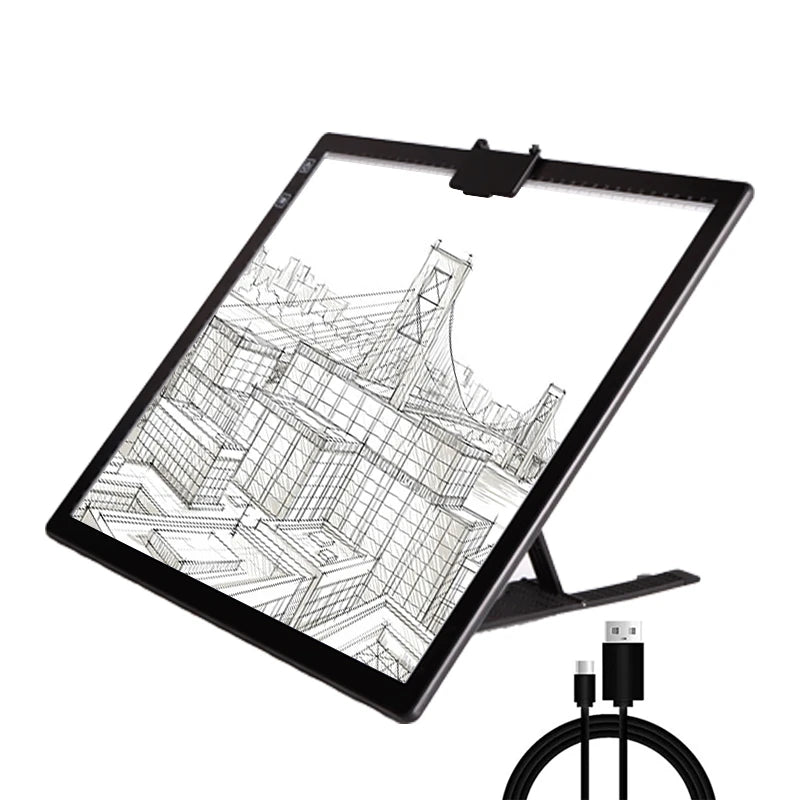 Lysplade i A3 størrelse med sort ramme og stander. USB-oplader.