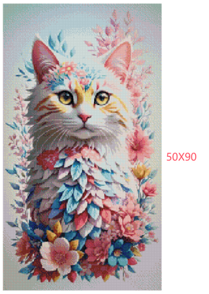 Smuk kat på hvid baggrund med blomster