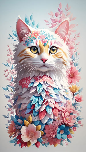 Smuk kat på hvid baggrund med blomster