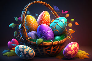 Diamond paint med farverige og mønstrede påskeæg i fletkurv på mørk baggrund.