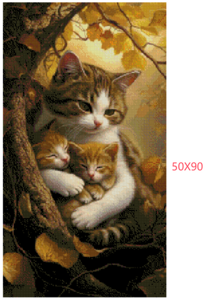 Diamond painting af en stribet og hvid kat med killilnger omgivet af efterårsblade. Mål: 50X90 cm.